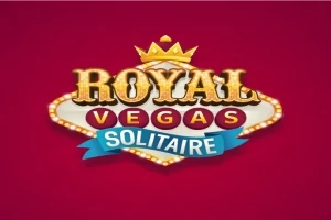 빨간 배경 위에 왕관과 조명으로 장식된 로고와 ROYAL VEGAS SOLITAIRE 텍스트가 있습니다
