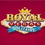 빨간 배경 위에 왕관과 조명으로 장식된 로고와 ROYAL VEGAS SOLITAIRE 텍스트가 있습니다