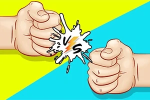 노란색과 파란색 배경에 두 개의 주먹이 서로 맞부딪치며 VS 라는 글자가 중앙에 있는 이미지