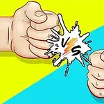 노란색과 파란색 배경에 두 개의 주먹이 서로 맞부딪치며 VS 라는 글자가 중앙에 있는 이미지