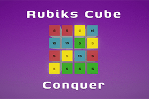 보라색 배경에 3x3 그리드로 배열된 빨강, 파랑, 노랑, 초록색 타일과 Rubiks Cube Conquer라는 텍스트