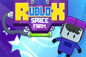 보라색 헬멧을 쓴 캐릭터와 RUBLOX SPACE FARM이라는 글자가 우주 배경 위에 있는 장면
