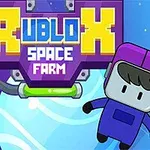 보라색 헬멧을 쓴 캐릭터와 RUBLOX SPACE FARM이라는 글자가 우주 배경 위에 있는 장면