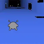 파란색 배경에 작은 외계인 모양의 회색 캐릭터가 별이 있는 어두운 길을 따라 이동하는 장면