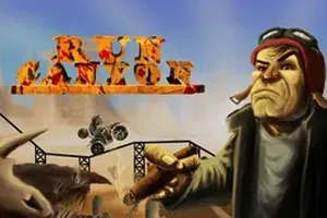 고글과 모자를 쓴 남자가 담배를 물고 있고, 그의 뒤로 작은 차량이 다리를 넘어가고 있으며, 위쪽에 화염 글자가 있는 장면