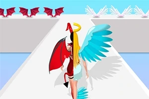 한쪽은 빨간 날개와 뿔, 다른 쪽은 파란 천사 날개와 후광을 가진 캐릭터가 길을 걷고 있음