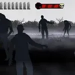 짙은 안개 속에서 검은 실루엣의 좀비들이 걸어오고 있으며, 우측 하단에는 권총을 든 손이 보인다