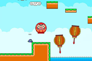 밝은 하늘 배경에 다루마 인형과 드럼 모양의 장애물이 있는 플랫폼 게임 화면