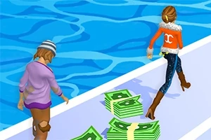 한 여성이 긴 부츠와 주황색 상의를 입고 길 위에 놓인 돈 다발 옆을 지나고 있으며, 다른 인물은 뒤따라 오고 있는 모습