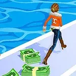 한 여성이 긴 부츠와 주황색 상의를 입고 길 위에 놓인 돈 다발 옆을 지나고 있으며, 다른 인물은 뒤따라 오고 있는 모습