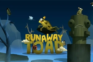 왕관을 쓴 두꺼비가 나무 조각상 위에 앉아 있으며 주변에 나비와 파란 배경이 있는 장면