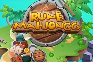 나무 방패에 RUNE MAHJONGG라는 글자가 적혀 있으며 주변에 나뭇잎과 해변, 게임 조각들이 있는 이미지