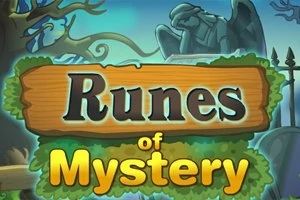 나무 판에 Runes of Mystery라는 글자가 쓰여 있고, 배경에는 신비로운 숲과 조각상이 있는 이미지