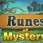 나무 판에 Runes of Mystery라는 글자가 쓰여 있고, 배경에는 신비로운 숲과 조각상이 있는 이미지