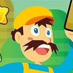 노란 모자를 쓴 남자가 물음표가 그려진 블록을 들고 웃고 있으며, 주변에 별과 버섯이 있는 이미지