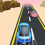 고속도로에서 파란색과 분홍색 차들이 달리는 장면