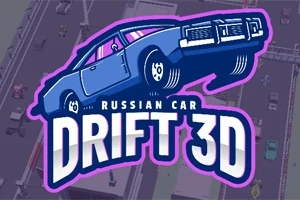 파란색 자동차가 위를 향해 기울어진 모습과 RUSSIAN CAR DRIFT 3D라는 텍스트가 있는 이미지