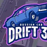 파란색 자동차가 위를 향해 기울어진 모습과 RUSSIAN CAR DRIFT 3D라는 텍스트가 있는 이미지