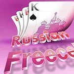 핑크색 배경 위에 카드 이미지와 Russian Freecell이라는 텍스트가 있는 그림
