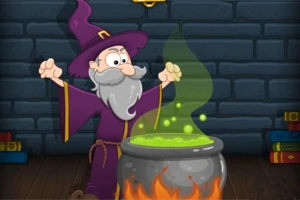 마법사가 보글보글 끓고 있는 녹색 물약이 담긴 가마솥 앞에 서 있는 모습