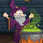 마법사가 보글보글 끓고 있는 녹색 물약이 담긴 가마솥 앞에 서 있는 모습