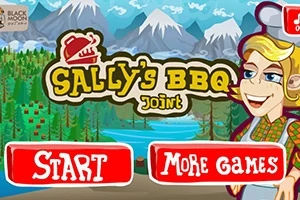 산과 숲 배경의 Sallys BBQ 제목과 여성 캐릭터가 있는 밝고 알록달록한 이미지