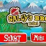 산과 숲 배경의 Sallys BBQ 제목과 여성 캐릭터가 있는 밝고 알록달록한 이미지