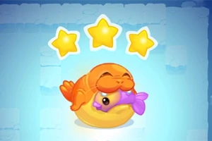 물고기를 물고 있는 귀여운 물개와 별 세 개가 있는 이미지