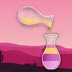 분홍색 하늘 배경 아래, 투명한 주전자로 액체를 쏟아 여러 색상의 층이 있는 병에 붓고 있는 장면