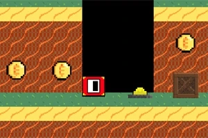 코인과 나무 상자가 있는 픽셀 아트 스타일의 게임 배경