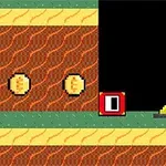 코인과 나무 상자가 있는 픽셀 아트 스타일의 게임 배경