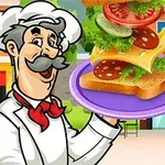 요리사 복장의 남성이 다양한 재료가 쌓인 샌드위치를 들고 있는 모습