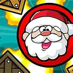 산타클로스 일러스트가 빨간 원 안에 있고, 주위에 폭발과 나무 상자들이 있는 모습