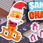 만화 스타일의 산타클로스가 흔들 목마를 타고 있으며, 주변에 선물 상자들이 있는 장면