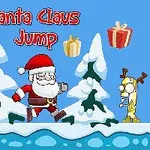 산타클로스가 눈 덮인 배경에서 선물 상자와 눈사람, 사슴과 함께 달리는 모습