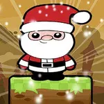 산타 모자를 쓴 귀여운 캐릭터가 눈이 내리는 배경의 초록색 블록 위에 서 있다