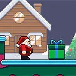 크리스마스 장식이 된 나무와 선물 상자 앞에 서 있는 산타클로스를 배경으로 눈 덮인 오두막집이 있습니다