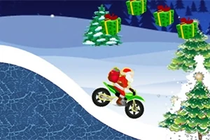 산타클로스가 선물 가방을 메고 오토바이를 타고 눈 덮인 언덕을 오르는 모습