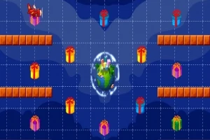 파란 배경 위에 선물 상자들과 중앙의 지구, 붉은 비행기가 있는 이미지