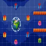 파란 배경 위에 선물 상자들과 중앙의 지구, 붉은 비행기가 있는 이미지