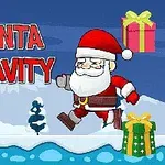 산타 클로스가 눈 덮인 배경에서 선물 상자와 함께 달리는 모습