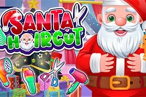 산타 복장을 한 캐릭터와 다양한 미용 도구가 있는 화려한 배경의 이미지