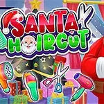 산타 복장을 한 캐릭터와 다양한 미용 도구가 있는 화려한 배경의 이미지