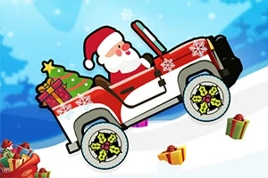 산타클로스가 선물과 함께 빨간 지프를 타고 눈 덮인 언덕을 오르는 모습