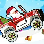 산타클로스가 선물과 함께 빨간 지프를 타고 눈 덮인 언덕을 오르는 모습