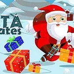 산타가 스케이트를 타고 선물들이 있는 눈 덮인 풍경을 배경으로 달리는 모습