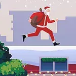 크리스마스 느낌의 배경에서 산타클로스가 선물 자루를 메고 달리는 모습