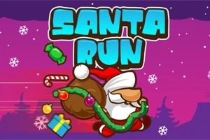 산타가 선물 꾸러미와 사탕을 들고 달리는 애니메이션 이미지, 배경에 눈송이와 함께 SANTA RUN 텍스트가 있음