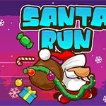 산타가 선물 꾸러미와 사탕을 들고 달리는 애니메이션 이미지, 배경에 눈송이와 함께 SANTA RUN 텍스트가 있음