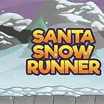 산타클로스가 눈 덮인 배경에서 달리는 모습과 큰 노란색 텍스트